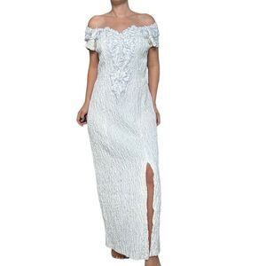 Vintage 90s Flirtation White Maxi Evening Dress Slit Off Shoulder Size Large